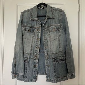 Vintage y2k 90s long jean jacket with pockets, size 13 L / XL